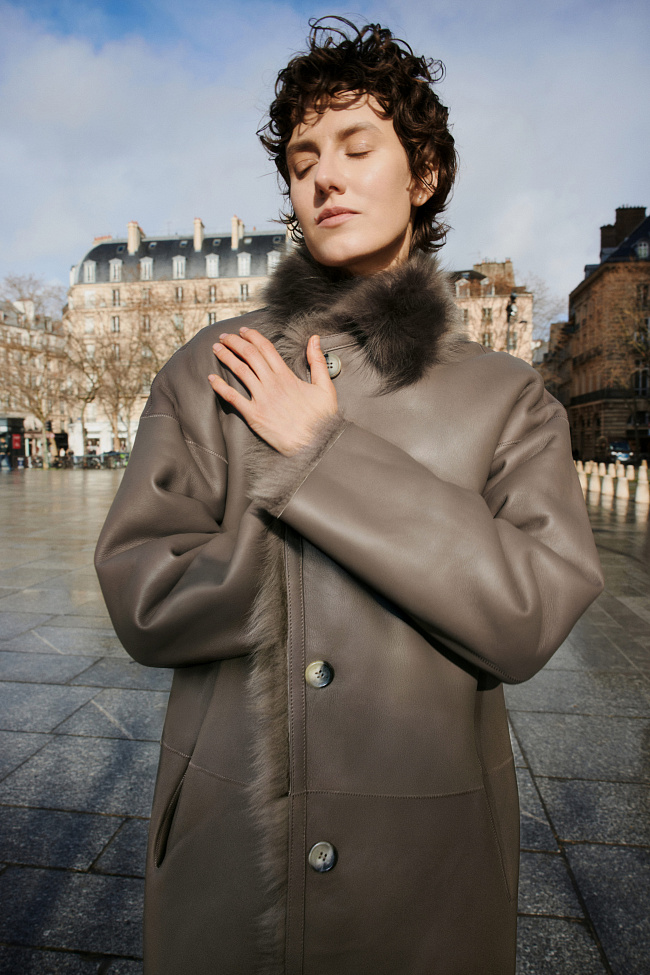 Дубленка Джиа (GIA) серо-зелёная — каталог женской одежды | Магазин Luda Nikishina